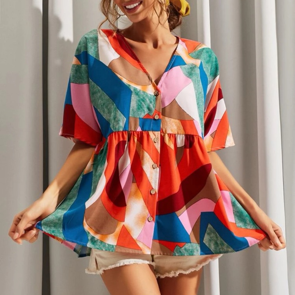 LUUKSE Button-Front Peplum Patchwork Top (M)
